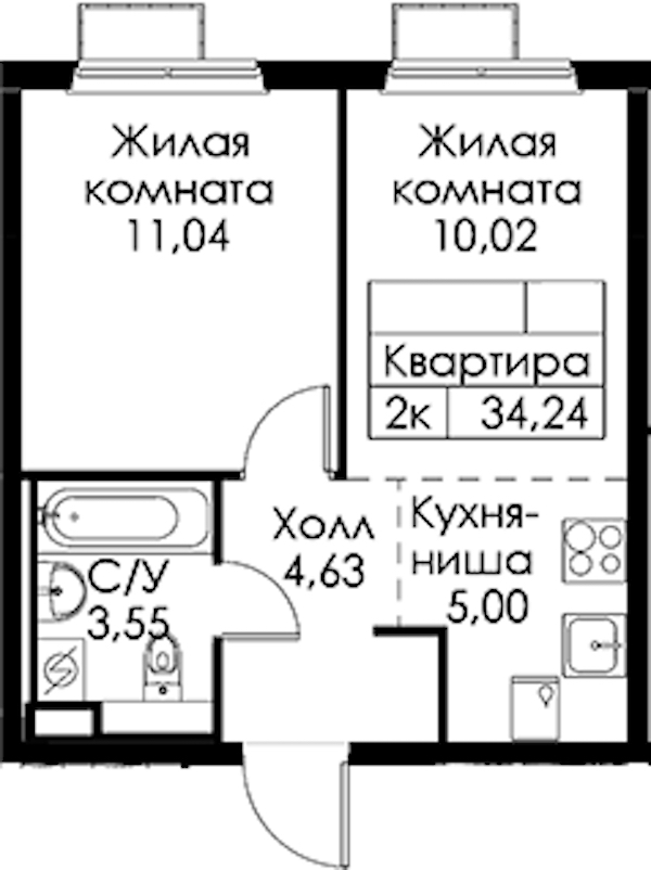 1-комнатная квартира 34.24 м², 10/15 эт., ЖК «Янинский лес»